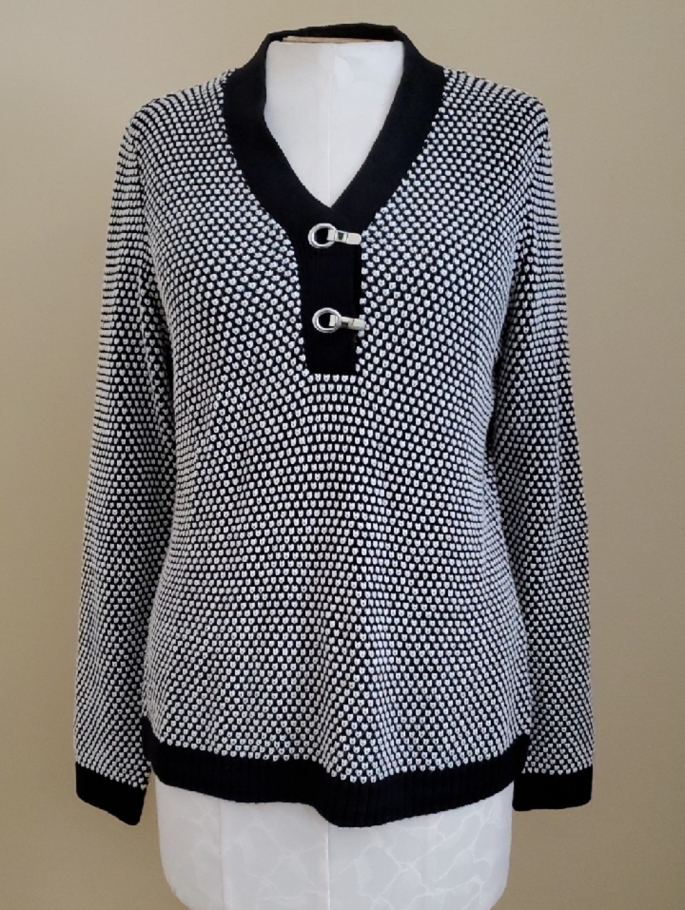 Charter Club Black & White V-Neck Toggle Knit Sweater